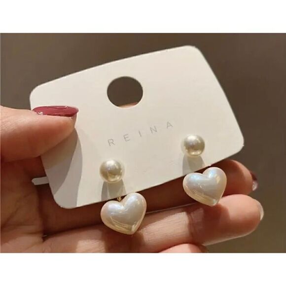 NWT Boho White Heart Shaped Faux Pearl Jacket Stud Earrings - Picture 4 of 6